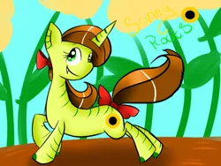 Size: 900x675 | Tagged: safe, artist:voidless-rogue, derpibooru import, oc, unofficial characters only, pony, unicorn, bow, sunny roots