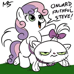 Size: 945x945 | Tagged: artist:megasweet, derpibooru import, duo, opalescence, pet, ponies riding cats, riding, safe, sweetie belle