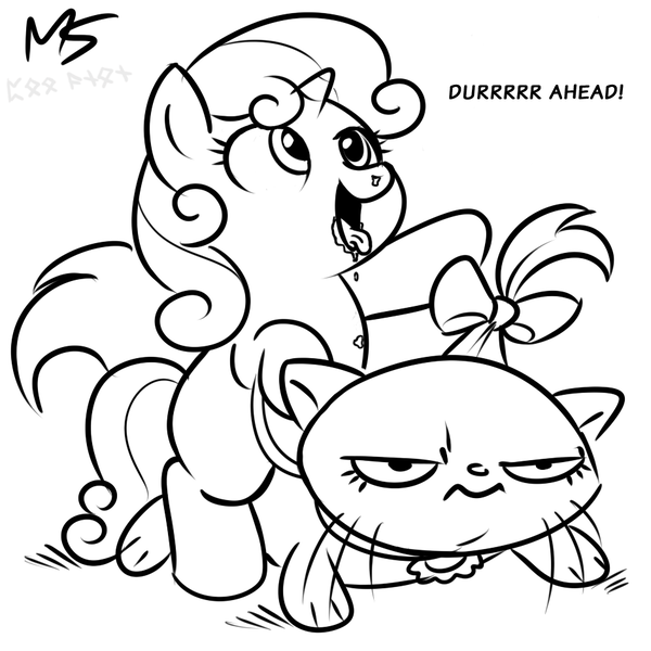 Size: 945x945 | Tagged: safe, artist:megasweet, derpibooru import, edit, opalescence, sweetie belle, cat, pony, unicorn, black and white, derp, drool, duo, female, filly, grayscale, lineart, monochrome, open mouth, pet, ponies riding cats, riding, simple background, sweetie derp, sweetiedumb, this will not end well, white background