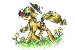 Size: 1562x1037 | Tagged: safe, artist:smartmeggie, derpibooru import, applejack, apple, balance, flower, grass, obligatory apple, solo, traditional art