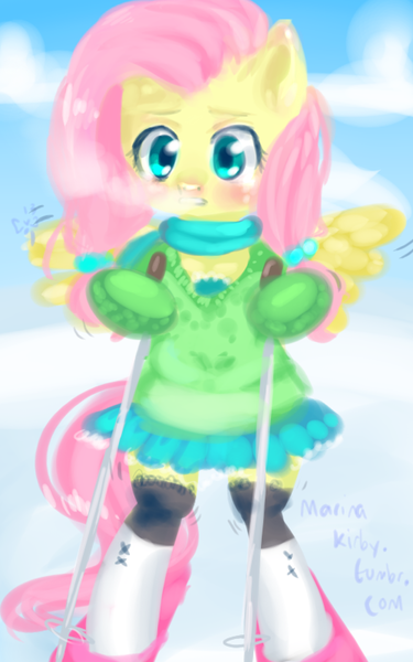 Size: 500x800 | Tagged: safe, artist:marinakirby, derpibooru import, fluttershy, pony, 30 minute art challenge, bipedal, clothes, skiing, skirt, snow