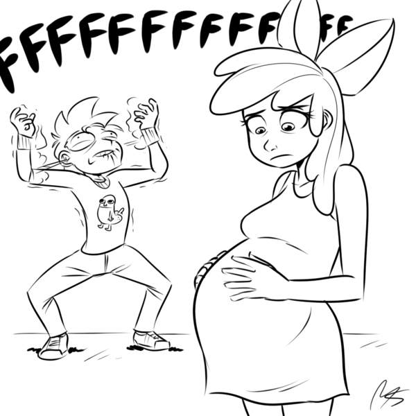 Size: 945x945 | Tagged: questionable, artist:megasweet, derpibooru import, apple bloom, spike, breasts, dickbutt, female, fuuuuuu, humanized, implied shipping, implied spikebloom, implied straight, male, now you fucked up, older, pregnant, shipping, spikebloom, straight, teenage spike