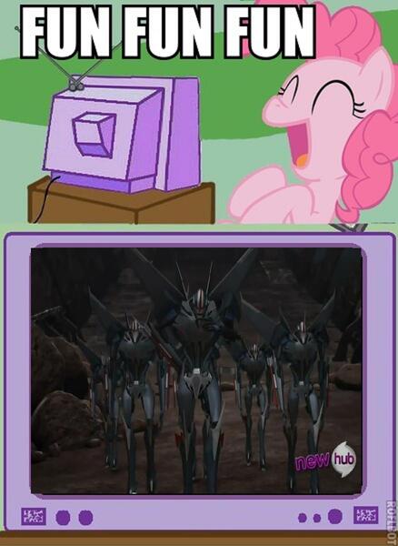 Size: 876x1200 | Tagged: derpibooru import, exploitable meme, fun fun fun, hub logo, meme, pinkie pie, roflbot, safe, starscream, transformers, tv meme