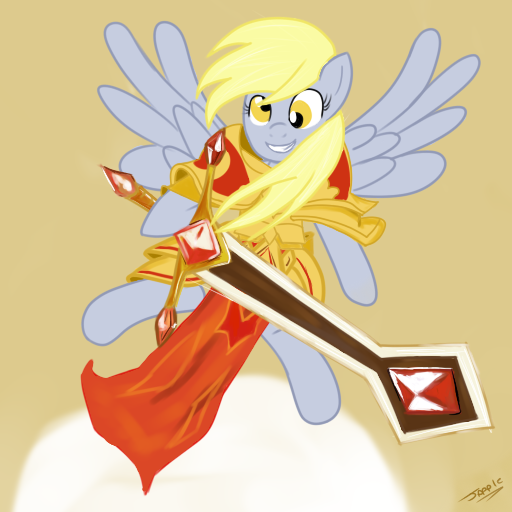 Size: 512x512 | Tagged: safe, artist:omahax, derpibooru import, derpy hooves, pegasus, pony, armor, crossover, female, kayle, league of legends, mare, parody, sword