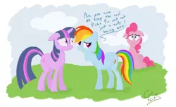 Size: 1024x621 | Tagged: safe, artist:citron--vert, derpibooru import, pinkie pie, rainbow dash, twilight sparkle, too many pinkie pies