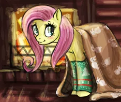 Size: 628x530 | Tagged: safe, artist:donenaya, derpibooru import, fluttershy, blanket, fireplace, leg warmers, solo