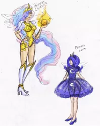 Size: 714x900 | Tagged: armor, artist:donenaya, clothes, derpibooru import, dress, humanized, magic, princess celestia, princess luna, safe, tutu