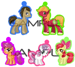 Size: 800x714 | Tagged: safe, artist:recklessantics, derpibooru import, apple bloom, big macintosh, doctor whooves, scootaloo, sweetie belle, time turner, earth pony, pony, cutie mark crusaders, keychain, male, stallion