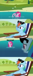 Size: 1280x2880 | Tagged: artist:dtkraus, beach chair, comic, derpibooru import, edit, pinkie pie, rainbow dash, safe, screencap, seaponified, sea pony, seapony pinkie pie, shoo be doo, species swap, sunglasses, too many pinkie pies