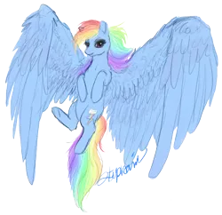 Size: 692x670 | Tagged: dead source, safe, artist:puddyrama, derpibooru import, rainbow dash, pegasus, pony, female, flying, impossibly large wings, large wings, mare, simple background, smiling, solo, spread wings, transparent background, wings