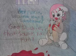 Size: 800x598 | Tagged: grimdark, artist:datte-before-dawn, derpibooru import, pinkie pie, rat, blood, floppy ears, insanity, pinkamena diane pie, prison, sitting, smiling, traditional art