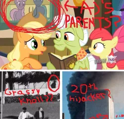 Size: 675x649 | Tagged: 4chan, 9/11, apple bloom, applejack, assassination, book, conspiracy, dealey plaza, derpibooru import, granny smith, grassy knoll, hub logo, human, irl, irl human, jfk assassination, john f. kennedy, /mlp/, op is on drugs, parent, photo, safe, theory