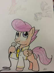 Size: 900x1200 | Tagged: artist:whatsapokemon, derpibooru import, elvis presley, microphone, pompadour, safe, scootaloo