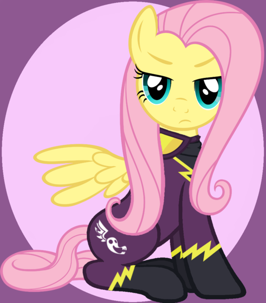 Size: 906x1032 | Tagged: safe, derpibooru import, fluttershy, pegasus, pony, clothes, costume, female, goggles, shadowbolts, shadowbolts costume, simple background, solo, unmasked