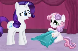 Size: 900x595 | Tagged: artist:flutteryay56, bandaid, blanket, crying, derpibooru import, rarity, safe, sewing, sweetie belle