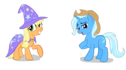 Size: 1600x896 | Tagged: safe, artist:snapai, derpibooru import, applejack, trixie, earth pony, pony, unicorn, accessory swap, cape, clothes, female, hat, lesbian, mare, raised hoof, shipping, simple background, transparent background, tripplejack, trixie's cape, trixie's hat