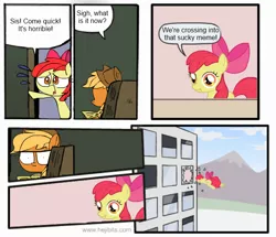 Size: 655x564 | Tagged: apple bloom, applebuse, applejack, crossing the memes, derpibooru import, employer meme, exploitable meme, meme, safe, scrunchy face, staredad