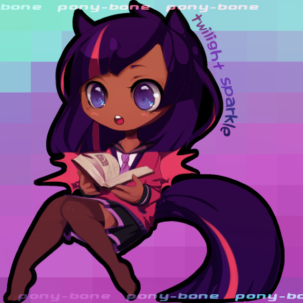 Size: 590x590 | Tagged: artist:ponybone, book, charm, chibi, clothes, dark skin, derpibooru import, eared humanization, female, horned humanization, human, humanized, necktie, safe, skirt, tailed humanization, twilight sparkle