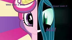 Size: 1408x792 | Tagged: artist:mariovssonic2008, changeling, derpibooru import, disguise, disguised changeling, duality, fake cadance, poster, queen chrysalis, safe, two sided posters