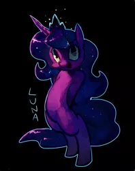 Size: 1092x1382 | Tagged: safe, artist:derekireba, derpibooru import, princess luna, alicorn, pony, belly, bipedal, black background, cute, female, filly, hooves behind back, looking at you, mare, name, open mouth, outline, pixiv, simple background, smiling, solo, woona