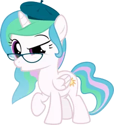 Size: 3630x3966 | Tagged: safe, artist:crimsonlynx97, derpibooru import, princess celestia, pony, cewestia, cute, duckface, female, filly, glasses, hat, hipster, looking at you, raised eyebrow, raised hoof, simple background, solo, transparent background, vector
