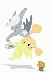 Size: 2400x3450 | Tagged: artist:rockingquix, derpy hooves, flying, humanized, muffin, safe, skinny, solo, upside down, winged humanization