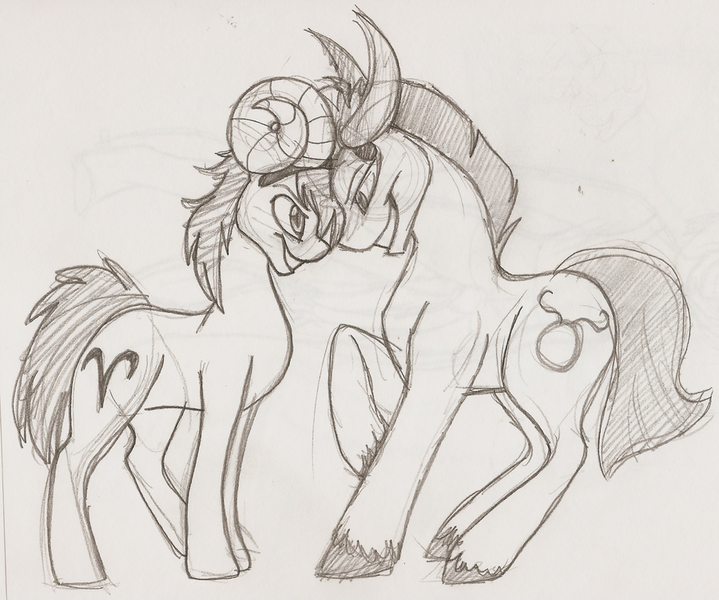 Size: 900x751 | Tagged: aries, artist:100yearslater, ponyscopes, safe, sketch, tauros, taurus, zodiac