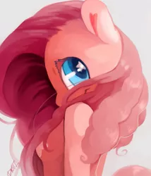 Size: 841x982 | Tagged: safe, artist:dhui, derpibooru import, pinkie pie, anthro, aside glance, bust, colored pupils, cute, female, looking at you, looking back, portrait, sideways glance, signature, simple background, smiling, solo, starry eyes, white background, wingding eyes