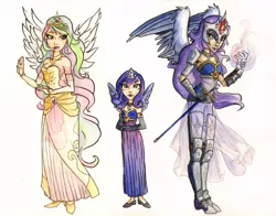 Size: 831x653 | Tagged: artist:gambitgurlisis, humanized, nightmare moon, princess celestia, princess luna, s1 luna, safe, simple background, traditional art, winged humanization