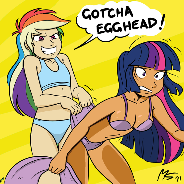 Size: 962x962 | Tagged: artist:ashesg, artist:megasweet, bikini, breasts, busty twilight sparkle, clothes, color edit, delicious flat chest, derpibooru import, edit, egghead, female, human, humanized, rainbow dash, suggestive, swimsuit, twilight sparkle, unamused, wedgie