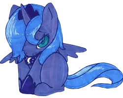 Size: 1160x924 | Tagged: safe, artist:slightinsanity, derpibooru import, princess luna, alicorn, pony, cute, female, filly, lunabetes, s1 luna, shy, simple background, sitting, solo, traditional art, transparent background, woona, younger