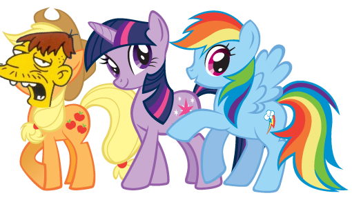 Size: 510x290 | Tagged: applejack, bad photomanip, cletus spuckler, crossover, derpibooru import, edit, rainbow dash, safe, the simpsons, twilight sparkle