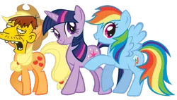 Size: 510x290 | Tagged: applejack, bad photomanip, cletus spuckler, crossover, derpibooru import, edit, rainbow dash, safe, the simpsons, twilight sparkle