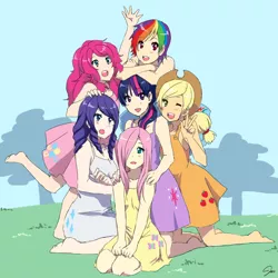 Size: 1000x1000 | Tagged: anime, applejack, artist:jen-jen-rose, barefoot, clothes, cute, derpibooru import, dress, feet, female, fluttershy, hair over one eye, human, humanized, k-on, mane six, mane six opening poses, open mouth, peace sign, pinkie pie, rainbow dash, rarity, safe, style emulation, twilight sparkle