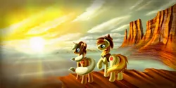 Size: 1600x800 | Tagged: applejack, artist:pyrestorm, braeburn, derpibooru import, safe, scenery, sunrise