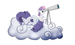 Size: 3307x2000 | Tagged: artist:hereticofdune, cloud, derpibooru import, rarity, safe, sleeping, sweetie belle, telescope