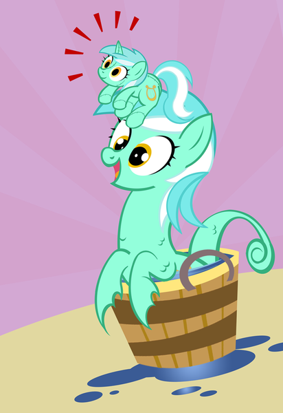 Size: 687x1000 | Tagged: safe, artist:pixelkitties, derpibooru import, lyra heartstrings, pony, sea pony, unicorn, background pony, bucket, crossing the memes, female, horn warmer, lyra plushie, mare, meme, plothole plush lyra, seapony lyra, water