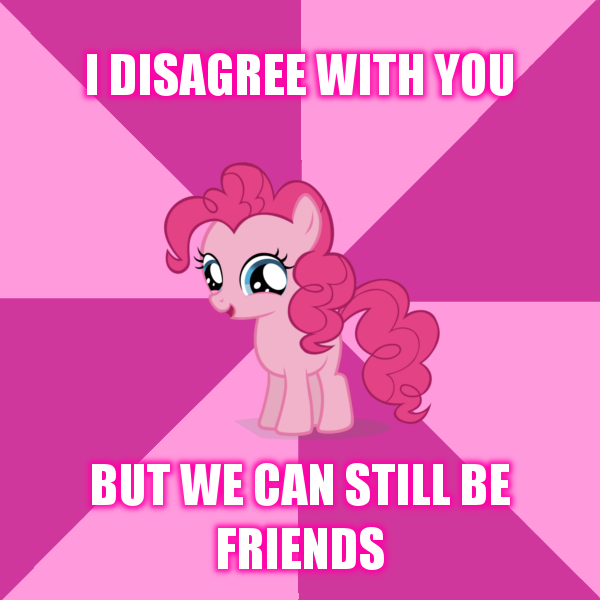 Size: 600x600 | Tagged: safe, derpibooru import, pinkie pie, advice meme, disagreement friends, filly, image macro, reaction image, solo