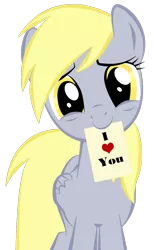 Size: 800x1300 | Tagged: safe, artist:krellyan, derpibooru import, edit, derpy hooves, pegasus, pony, c:, cute, derpabetes, female, head tilt, heart, lidded eyes, looking at you, mare, mouth hold, note, simple background, smiling, solo, text, transparent background, underp, valentine, vector
