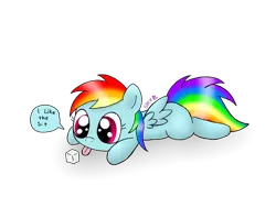 Size: 2800x2100 | Tagged: safe, artist:spice5400, derpibooru import, rainbow dash, fanfic:my little dashie, rainbow dash presents, cute, dashabetes, female, filly, filly rainbow dash, hnnng, licking, prone, solo, sugarcube, tongue out, younger