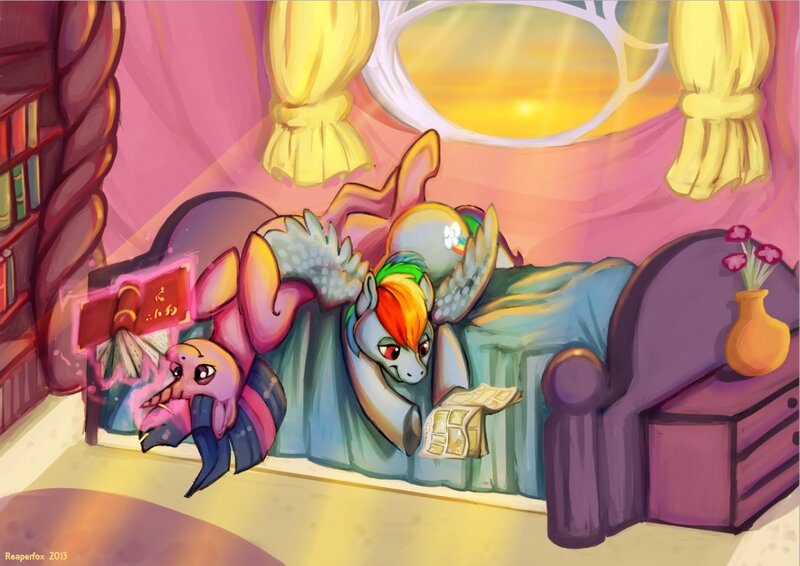 Size: 1280x905 | Tagged: safe, artist:reaperfox, derpibooru import, rainbow dash, twilight sparkle, bed, book, comic book, female, golden oaks library, lesbian, reading, shipping, sunlight, twidash