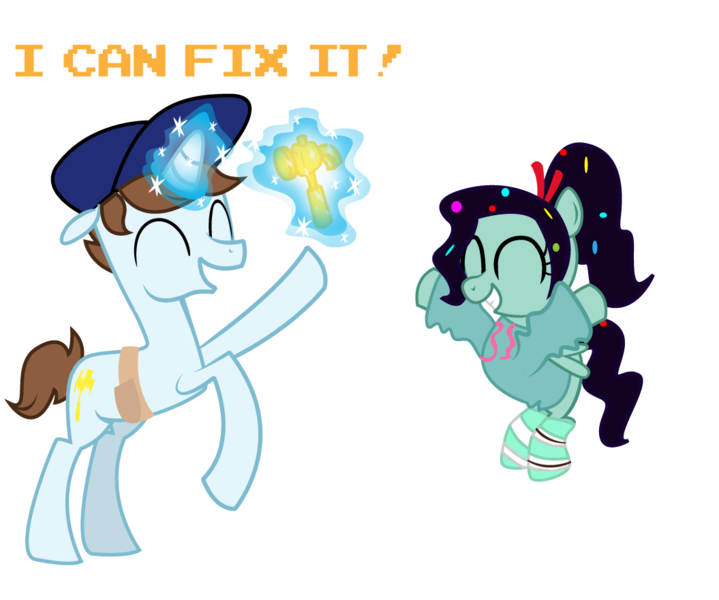 Size: 1055x881 | Tagged: safe, artist:alisonwonderland1951, derpibooru import, ponified, pegasus, pony, unicorn, fix-it felix jr., hammer, magic, sugar rush, vanellope von schweetz, wreck-it ralph