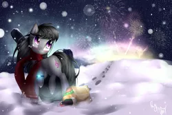 Size: 5000x3333 | Tagged: absurd resolution, artist:vardastouch, derpibooru import, fireworks, octavia melody, safe, snow, snowfall, solo