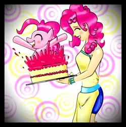 Size: 1540x1548 | Tagged: artist:davidvega123, cake, derpibooru import, humanized, pinkie pie, pop out cake, safe, surprise cake