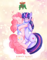 Size: 774x1000 | Tagged: safe, artist:charmyamber, derpibooru import, pinkie pie, twilight sparkle, blushing, clothes, female, heart, holly, holly mistaken for mistletoe, lesbian, scarf, shared clothing, shared scarf, shipping, twinkie