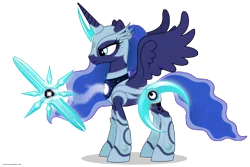 Size: 7500x5000 | Tagged: safe, artist:larsurus, derpibooru import, princess luna, alicorn, pony, absurd resolution, armor, armored chest, armored hooves, armored pony, ethereal mane, female, frown, glaive, glare, luna is not amused, magic, moon sigil, moon weapon, serious, serious face, sickle, simple background, solo, spread wings, starry night, sword, telekinesis, transparent background, unamused, vector, warrior luna, weapon, wings