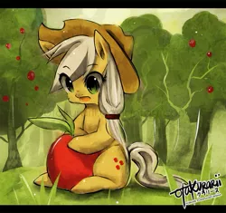 Size: 755x711 | Tagged: safe, artist:otakurarii, derpibooru import, applejack, apple, obligatory apple, sitting, solo, tree, watermark