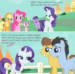 Size: 1278x1269 | Tagged: safe, derpibooru import, edit, edited screencap, screencap, applejack, caramel, lucky clover, pinkie pie, rarity, spike, twilight sparkle, dragon, earth pony, pony, unicorn, the best night ever, bedroom eyes, caption, female, image macro, implied sex, male, mare, meme, stallion, texts from last night