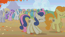 Size: 720x405 | Tagged: safe, derpibooru import, screencap, amethyst star, bon bon, candy mane, carrot top, cloud kicker, derpy hooves, golden harvest, lemon hearts, lightning bolt, linky, pokey pierce, shoeshine, sweetie drops, white lightning, pegasus, pony, fall weather friends, adorabon, animated, animation error, background pony, background pony audience, blank flank, bon bon is amused, clones, cute, cutie top, eyes closed, face down ass up, female, invisible stallion, iwtcird, mare, missing horn, out of context, ponies standing next to each other, prancing, running of the leaves, self ponidox, smiling, spread wings, stretching, trotting, trotting in place, underp