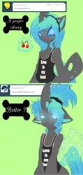 Size: 768x1613 | Tagged: artist:rainbowscreen, blue changeling, changeling, changeling oc, changeling queen, changeling queen oc, clothes, dead source, derpibooru import, female, oc, oc:jewel, safe, semi-anthro, tanktop, unofficial characters only